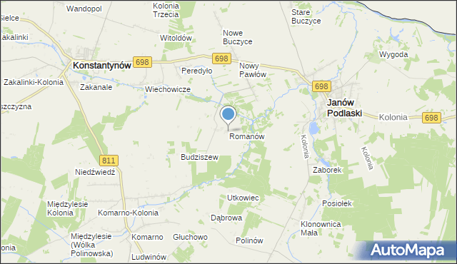 mapa Romanów, Romanów gmina Janów Podlaski na mapie Targeo